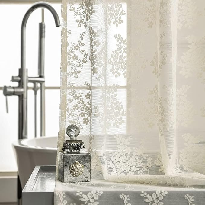 Cream Lace Stand Up Shower Curtain 36x72 Scalloped Shabby Chic Shower Curtain for the Small Stall Bathroom Victorian French Country Narrow Bath Curtainn CottageCore RV Bath Curtain Ivory/Cream
