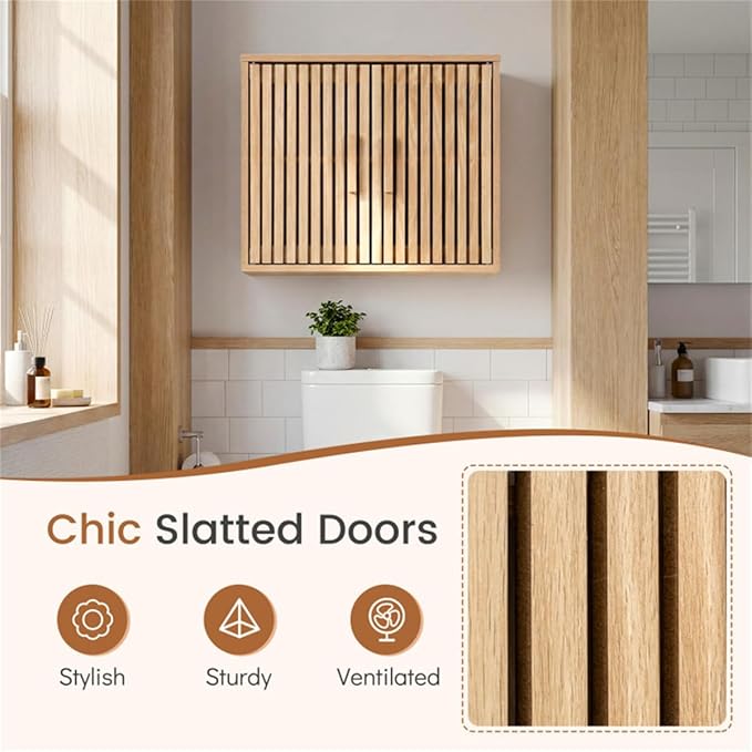 Bathroom Wall Storage Cabinet with Slatted Doors, Natural Engineered Wood, 24x8x20 Inch, Adjustable 3-Level Shelf, Magnetic Catches