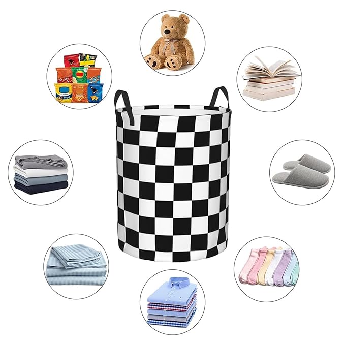 Black And White Checkered Pattern Round Laundry Hamper Checkerboard Storage Basket Toys Clothes Organizer Bin For Home Bathroom Bedroom Dorm Nursery, 38l