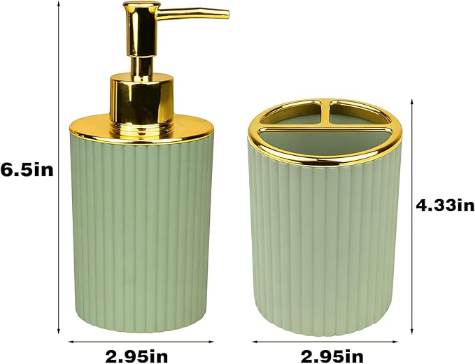 Bathroom Accessories Set, 2-Piece Green & Gold Soap Dispenser & Toothbrush Holder, Modern ABS Vanity Organizer for Countertop, Minimalist Bathroom Decor