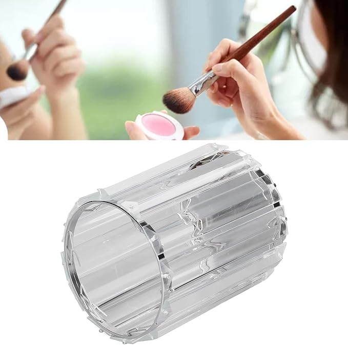 CDQL Cosmetic Brush Holder, Transparent Glass, Round Decorative Box, Pen Storage Organizer, Desktop Makeup Brush Container for Vanity (Silver)