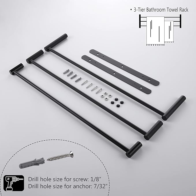 KOKOSIRI Bath Towel Bars Matte Black Bathroom 3-Tiers Ladder Towel Rails Wall Mounted Towels Shelves Rack Stainless Steel, B5002BK-L24