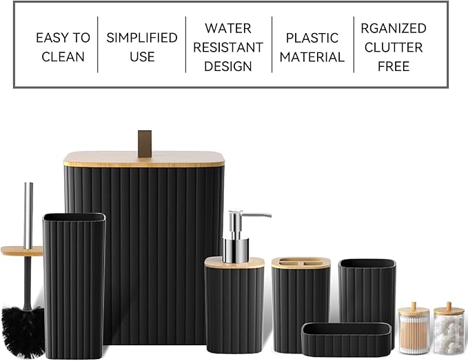 Bathroom Set - 9PCS Black Bathroom Accessories Set Toilet Brush Holder Set Soap Dispenser Decorative Countertop Bathroom Accessory Set with Trash Can Bathroom Decor Set for Home, Restroom