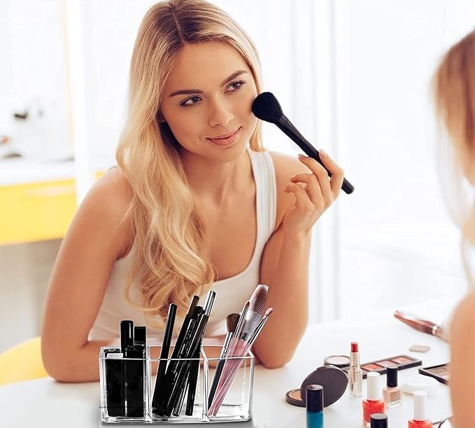 Clear Makeup Brush Organizer 3 Slot Cosmetic Brushes Storage Acrylic Makeup Display Holder For Brushes Eyeliner Lipstick Eyebrow Pencil