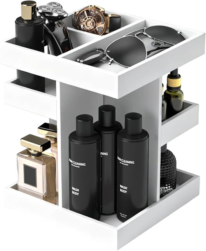 Cologne Organizer for Men Women, Large Capacity Wood Perfume Shelf with Rotate Makeup Organizer Bathroom Vanity Countertop Storage