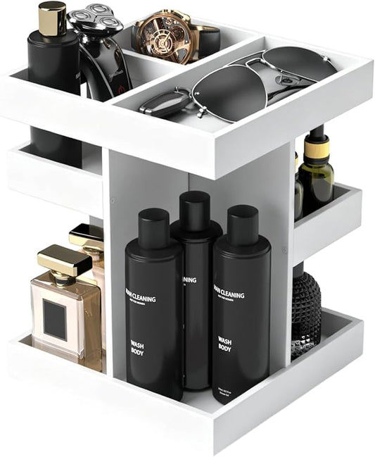 Cologne Organizer for Men Women, Large Capacity Wood Perfume Shelf with Rotate Makeup Organizer Bathroom Vanity Countertop Storage