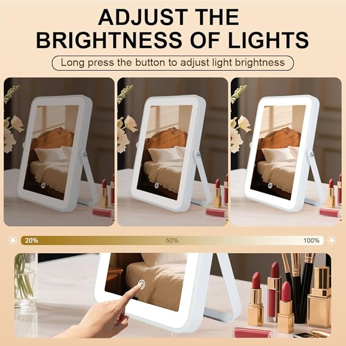 Rechargeable LED Vanity Mirror with Lights, 10"x7" Small Lighted Makeup Mirror, Portable Travel Desk Mirror, 3-Color Lighting, for Dorm, Bedroom, Gifts for Women