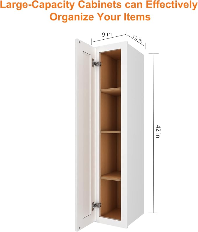 ROOMTEC Wood Wall Cabinet,RTA Single Door Medicine Cabinet with Adjustable Shelves and Soft-Close Door for Kitchen, Bathroom, and Laundry. 12" D*9" W*42" H, Shaker White