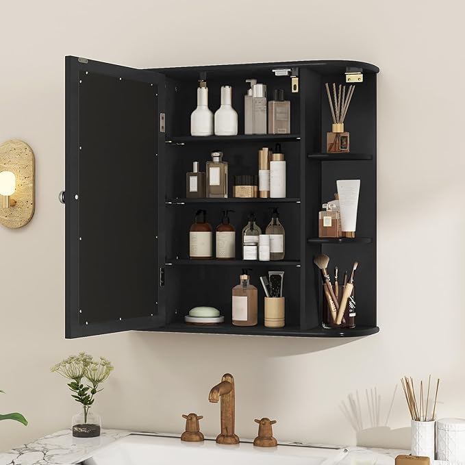 COSTWAY Medicine Cabinet with Mirror, Wall Mounted Bathroom Storage Cabinet with Mirror Door and Adjustable Shelves, Space-Saving Storage Organizer for Living Room Kitchen Entryway (Black)