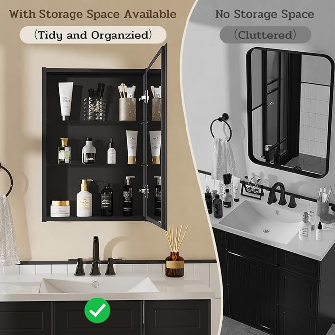 Spliceable Modular Bathroom Medicine Cabinet with Soft Close Doors with Glass on Both Sides, Reversible Wall Mounted Mirror (28" L x 20" W)