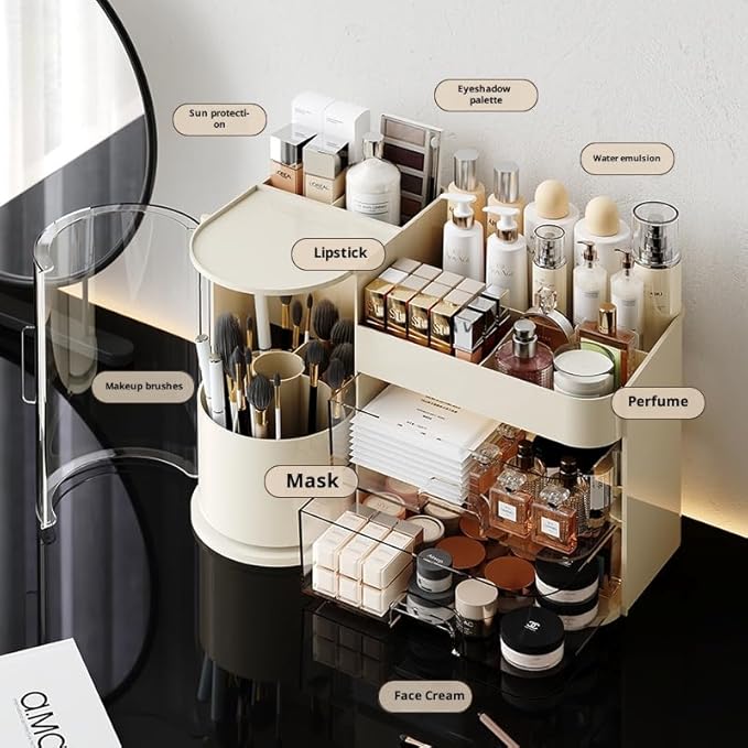 Makeup Organizer with Rotating ,Large Bathroom Countertop Cosmetic Organizer with Brushes Holder,Skincare Storage Organizer,Ideal makeup holder for Skincare,Lipstick and other items (cream white)