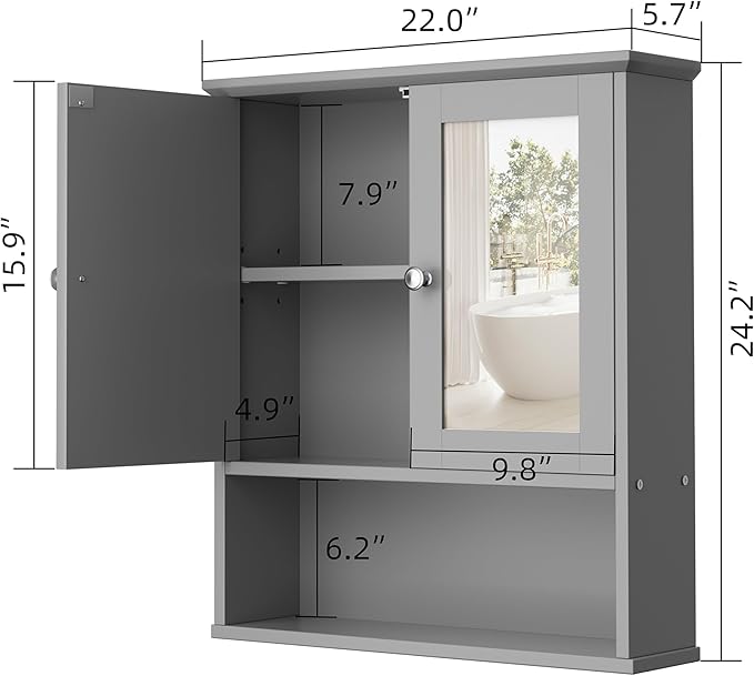 Shintenchi Bathroom Cabinet with Mirror, Wood Medicine Cabinet with Adjustable Shelf, Wall Mount Cabinet Storage, Cupboard, Gray