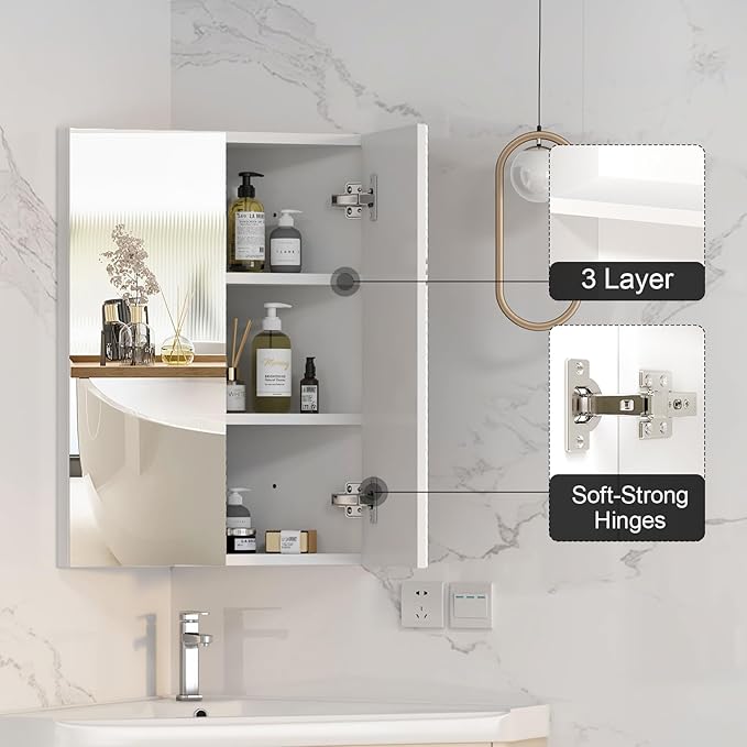 Corner Medicine Cabinet with Mirror,Bathroom Corner Mirror Cabinet with 2 Doors,Medicine Cabinet Wall Mounted for Small Space,2 Fixed Shelves,White,24" x18"