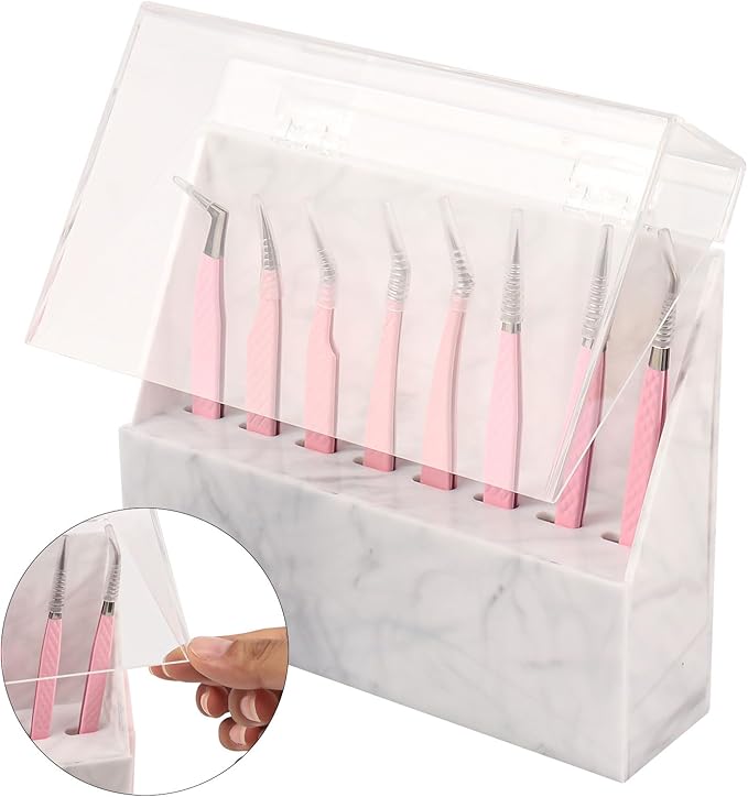 8 Holes Dust proof Tweezer Storage Rack,Acrylic Tweezer Display Stand Holder Eyelash Extension Supplies Lash Accessories Tools (Marble White)