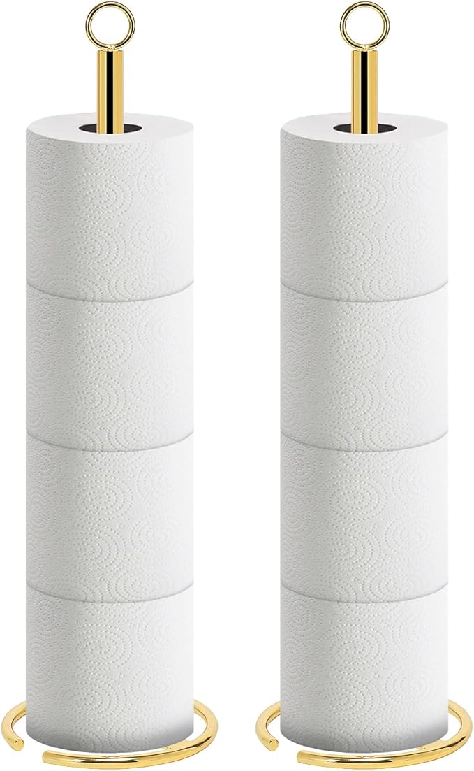 NearMoon Bath Toilet Paper Holder Stand, Freestanding Tissue Paper Storage with Reserve, Space Toilet 4 Rolls Holder for Bathroom/Kitchen Countertop-All Metal (2 Pack, Chrome Gold)