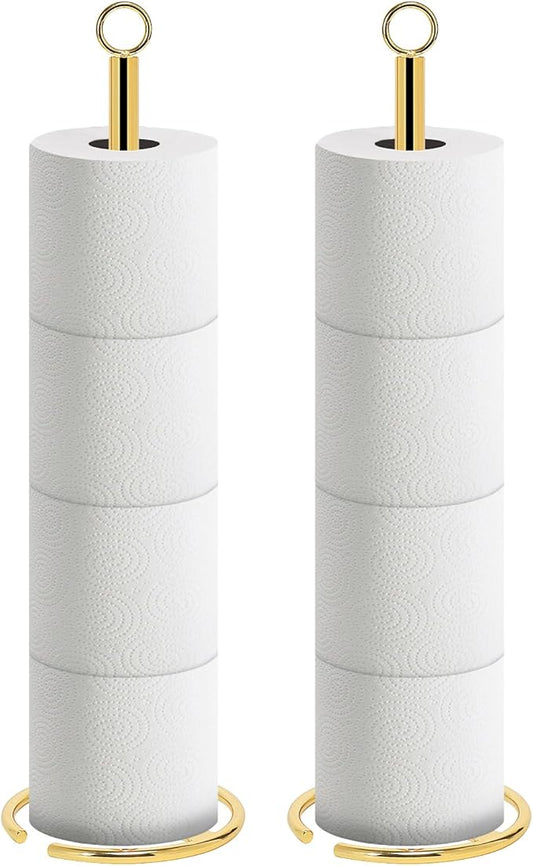 NearMoon Bath Toilet Paper Holder Stand, Freestanding Tissue Paper Storage with Reserve, Space Toilet 4 Rolls Holder for Bathroom/Kitchen Countertop-All Metal (2 Pack, Chrome Gold)