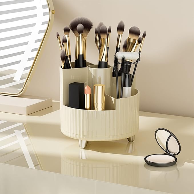 DASITON Large Capacity Makeup Brush Holder,360?? Rotating Makeup Organizer,5 Slot Makeup Brushes Cup,for Vanity Decor,Bathroom Countertops,Desk Storage Container,Cosmetic Display cases(Cream-S)