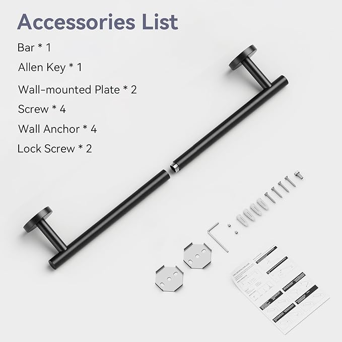 Matte Black Towel Bar, 18 Inch Towel Rack for Bathroom Wall-Mounted, SUS304 Stainless Steel, Total Length 20 Inch