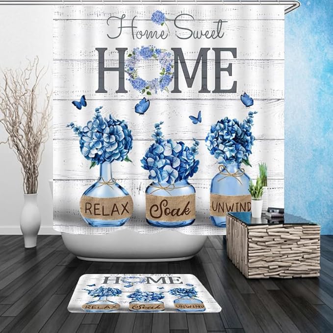 NBVKO 4 PCS Blue Hydrangea Shower Curtain Set,Home Sweet Bathroom Set with Rugs and Accessories,Farmhouse Country Bathroom Decor