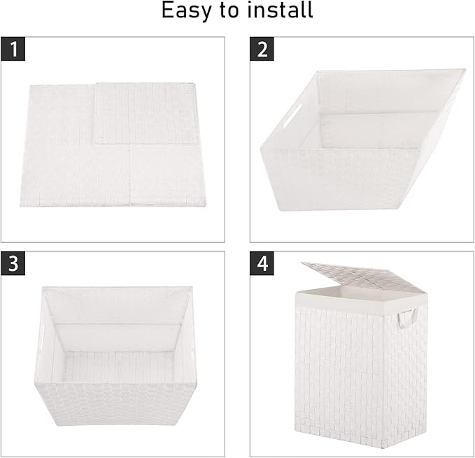 YOUDENOVA Handwoven Laundry Basket Hamper with Removable Bag and Lid, Collapsible Clothes Hamper with Handle, White