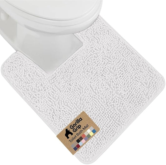 GORILLA GRIP Plush Absorbent Shaggy Chenille Bath Rug Mat for Square Toilet Base with Rubber Backing, Machine Washable Rugs, Soft Microfiber Contour Mats for Toilets, Bathroom Decor, White