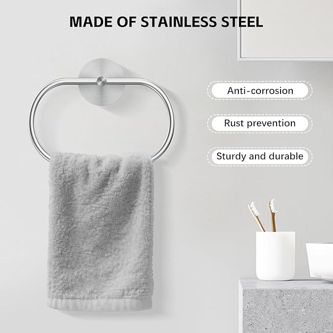 Adhesive Towel Holder Brushed Nickel Hand Towel Holder for Bathroom Wall Stainless Steel Towel Ring for Bathroom Decor and Accessories No Drilling, 2 Packs