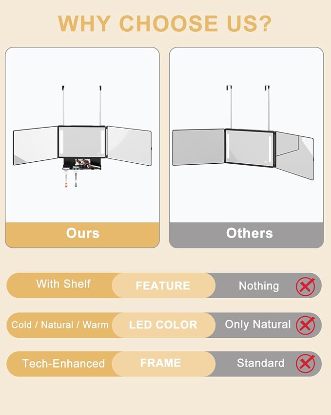 Dripex 3 Way Mirror with Storage Shelf and 3 Color LED Lights, Rechargeable Trifold Self Haircut 360° Mirror with Height Adjustable Hooks for Makeup, Styling, Shaving, Braiding, Dye Hair (Black)