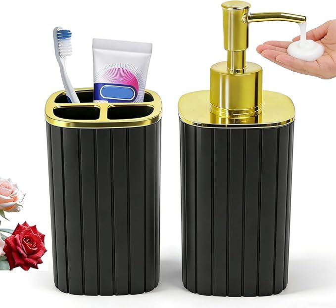 Bathroom Accessories Set 2 PCS- Black and Gold Bathroom Accessory Set, Bathroom Toothbrush Holder Set Includes Soap Dispenser and Toothbrush Holder for Boho Home Bathroom Decor