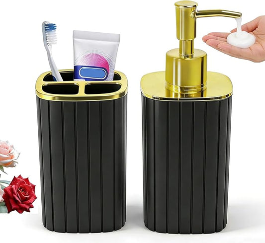Bathroom Accessories Set 2 PCS- Black and Gold Bathroom Accessory Set, Bathroom Toothbrush Holder Set Includes Soap Dispenser and Toothbrush Holder for Boho Home Bathroom Decor