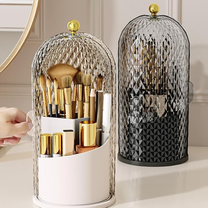 Makeup Brush Holder Organizer with 360° Rotating Lid Dustproof Makeup Brushes Organizer for Vanity Desktop Bathroom Countertop Clear Cover Easy Visibility (Black)