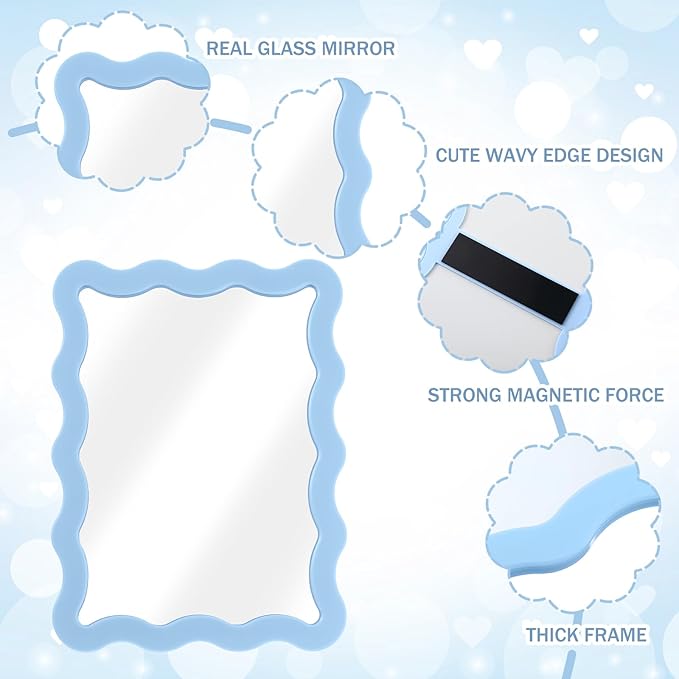 Leinuosen 1 Pcs Scalloped Magnetic Locker Mirror Small Real Glass Makeup Mirror with Magnetic Backing Cute Locker Decorations for Office Cabinet Lockers Accessories (5 x 7 Inch,Blue)