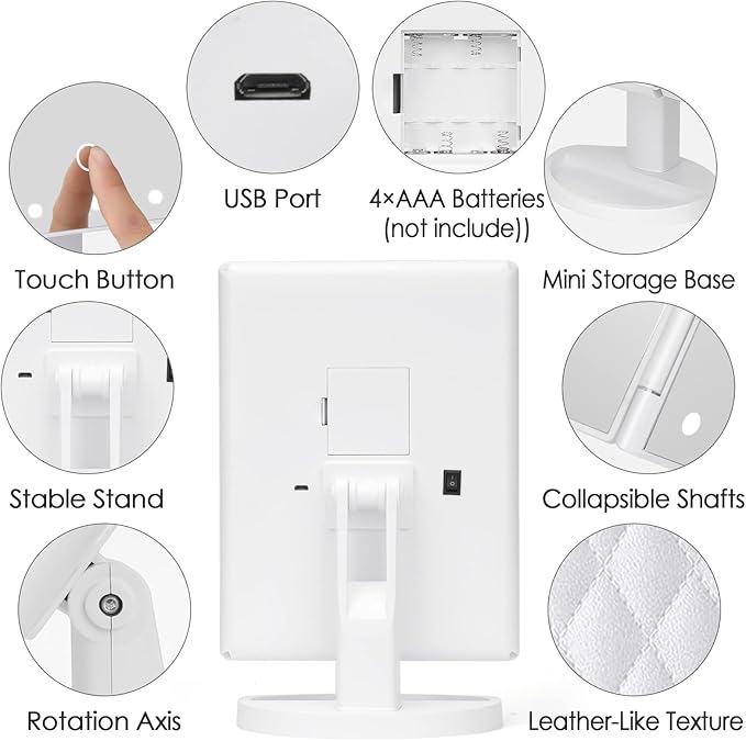 DenCert Makeup Mirror Vanity Mirror with Lights 1X 2X 3X 10X Magnification, Lighted Makeup Mirror, Touch Control, Tri-Fold Portable LED Makeup Vanity, Two Power Supply Modes, White