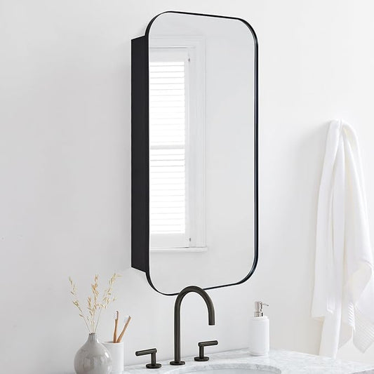TEHOME Black Rectangle Long Bathroom Medicine Cabinet with Mirror Matt Black Recessed and Surface Mount Stainless Steel Metal Framed Rounded Rectangular Bathroom Cabinet with Mirror 20x40''