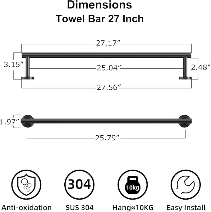 Bathroom Towel Bar, 27 Inch Towel Racks for Bathroom Wall Mounted, Heavy Duty Bathroom Towel Holder Organizer, Stainless Steel Home Towel Rod, Matte Black