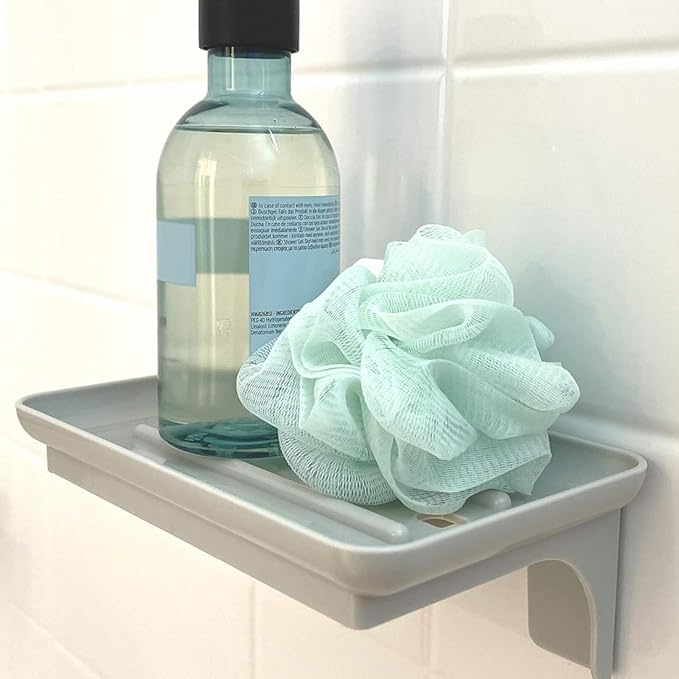 Wonder Shelf - Small Plastic Self Adhesive Wall Mount Bathroom Shelf - Fits Over Toilet Paper Holder - Designed for Smartphone and Flushable Baby Wipes (1, Grey with Holes)