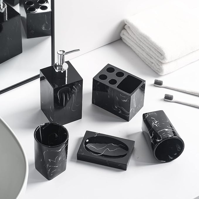 5 Piece Bathroom Accessories Set, Marble Resin Bathroom Vanity Set, Soap Dispenser, Toothbrush Holder, Soap Dish & 2 Tumblers, Bathroom Countertop Organizer Set (Ink Black)