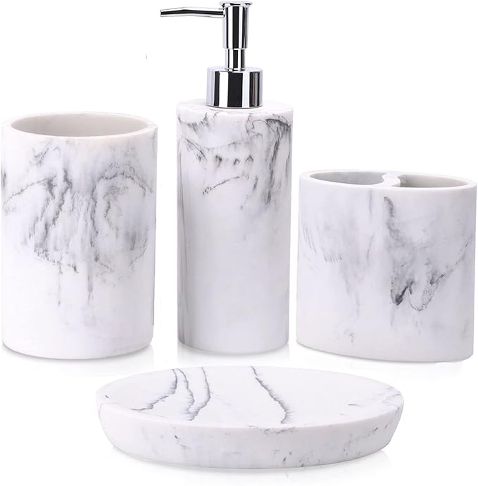 ZCCZ Bathroom Accessory Set, 4 Pcs Marble Look Bathroom Vanity Countertop Bathroom Décor Sets Accessories with Soap Dispenser, Toothbrush Holder Set, Tumbler, Soap Dish (White Marble Look Rounded)