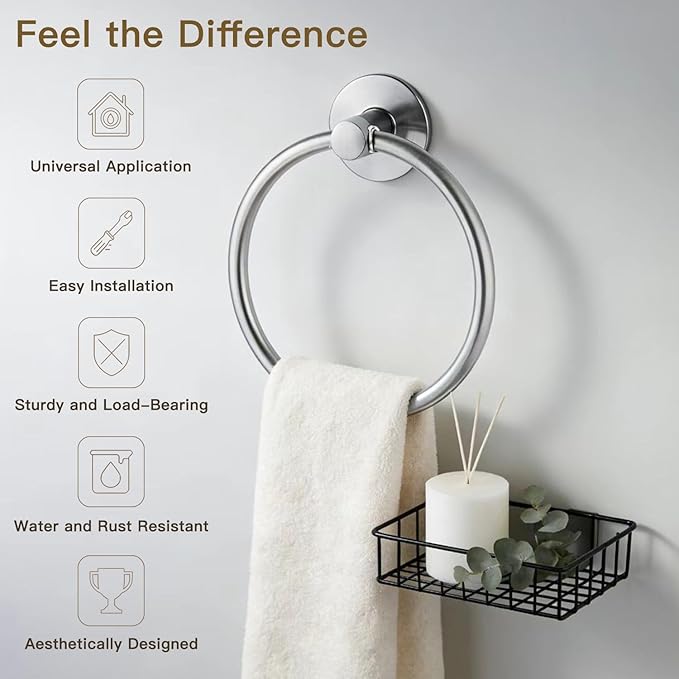 Besteffie Adhesive Towel Ring Wall Mount Hand Towel Ring Self Adhesive Towel Hanger Premium SUS304 Stainless Steel Rustproof Brushed Nickel, Kitchen, Bathroom Hand Towel Holder