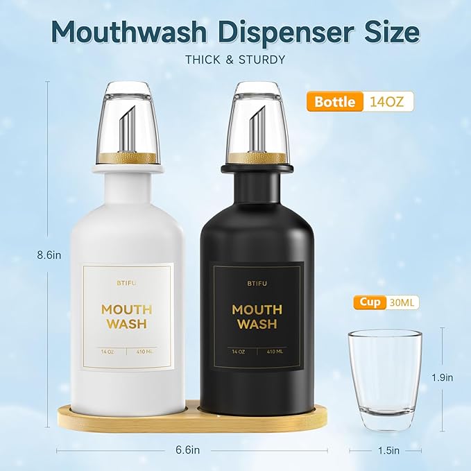 2PCS Glass Mouthwash Dispenser for Bathroom Countertop – 14oz/410ml Refillable Mouthwash Bottle with Glass Cup & Bamboo Tray, Modern Bathroom Decor for Home, Office, Airbnb (White & Black)