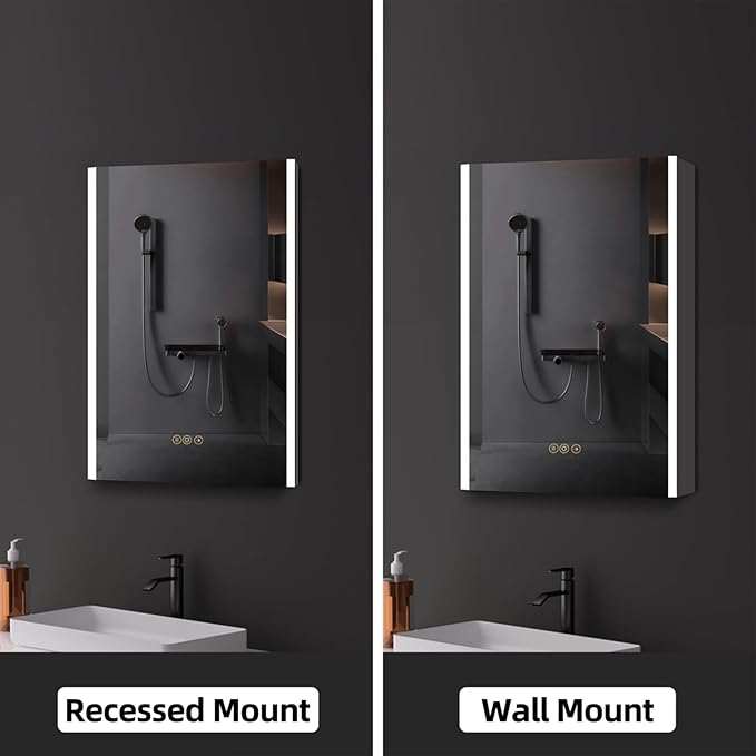 Medicine Cabinet with LED Lights and Mirror, 20 x 28 Inch Surface or Recessed Mounted Bathroom Cabinet with Door, Defogger, Memory Function, 3-Color Mode, Outlet&USB, Dimmer, Storage Shelf