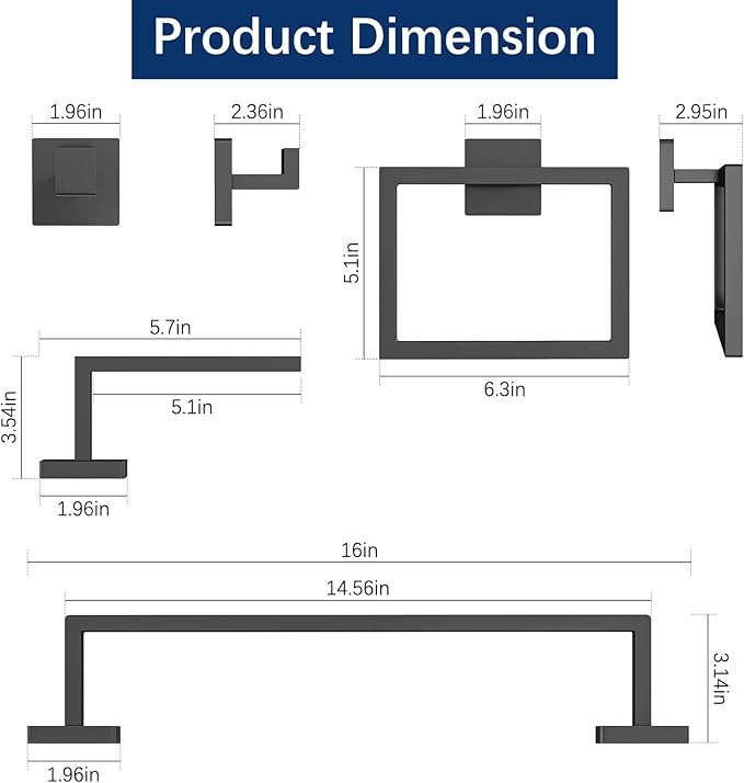 5-Piece Bathroom Hardware Accessories Set, Towel Racks for Bathroom Wall Mounted Stainless Steel, Matte Black Towel Bar Set 16In