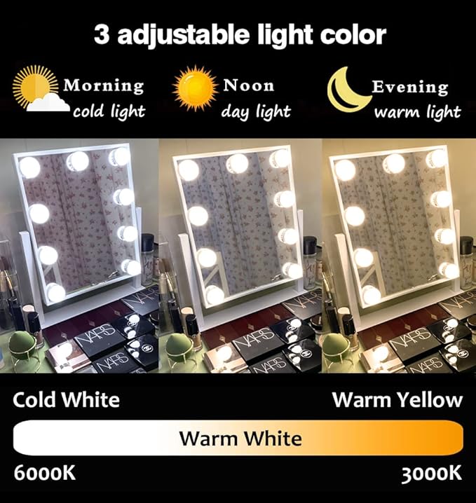 Lights Vanity Mirror, 14.5" L x 12" W LED Makeup Mirror with 9 LED Lights,3 Modes Light Modes&Touch Control Dimmable Tabletop Makeup Mirror,Detachable 10X Magnification,360°Rotation (White)
