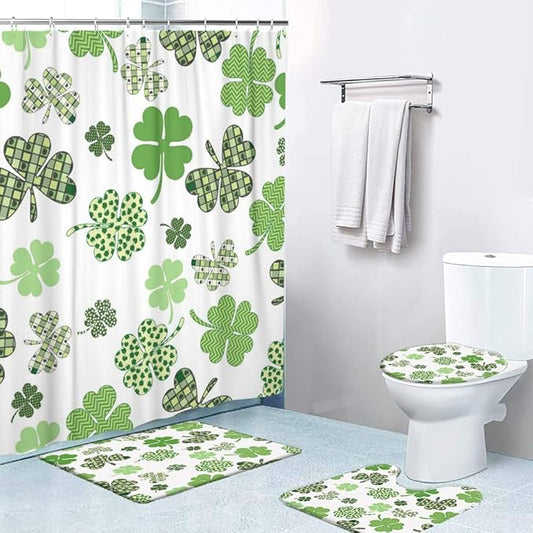 LOKMU 4 Pcs Shower Curtain Sets with Non-Slip Rugs, Toilet Lid Cover and Bath Mat,St Patricks Day Owls Waterproof Shower Curtain with 12 Hooks, Bathroom Decor Sets, 72" x 72"