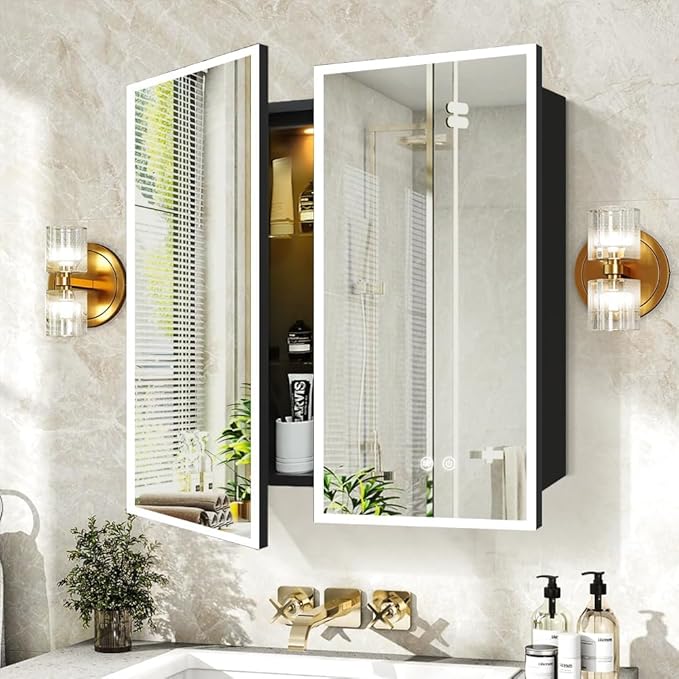 LED Medicine Cabinet,30x32inch,Recess Mirror Cabinet for Bathroom,3 Colors,Dimmable,Demister, Detachable Side Panel for Recess Mount or Surface Mount,USB Shaver Socket, Internal Lighting