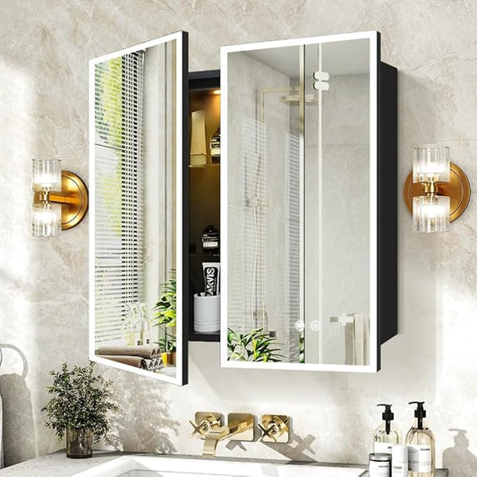 LED Medicine Cabinet,30x32inch,Recess Mirror Cabinet for Bathroom,3 Colors,Dimmable,Demister, Detachable Side Panel for Recess Mount or Surface Mount,USB Shaver Socket, Internal Lighting