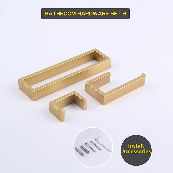 GERZWY Bathroom Accessory 3-Piece Set SUS 304 Stainless Steel Toilet Paper Holder Towel Ring Towel Hooks Wall Mount Gold Finished HG1708-3BE