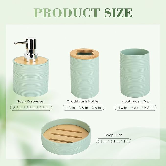 4 PCS Sage Green Bathroom Accessories Set, Includes a Soap Dispenser, Toothbrush Holder, Soap Dish and Mouthwash Cup, Plastics & Bamboo Bathroom Set, Bohemian Style Bathroom Sink Set