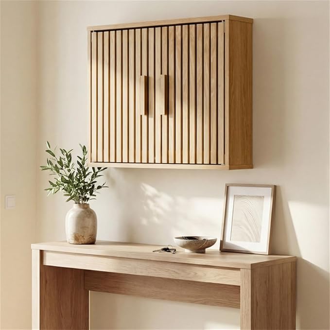 Bathroom Wall Storage Cabinet with Slatted Doors, Natural Engineered Wood, 24x8x20 Inch, Adjustable 3-Level Shelf, Magnetic Catches
