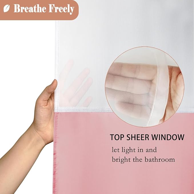 UFRIDAY 72x78 Inch Shower Curtain Pink with Mesh Window, Machine Washable Water Resistant Bathroom Curtains Grommet Shower Curtain Set with 12 Hooks