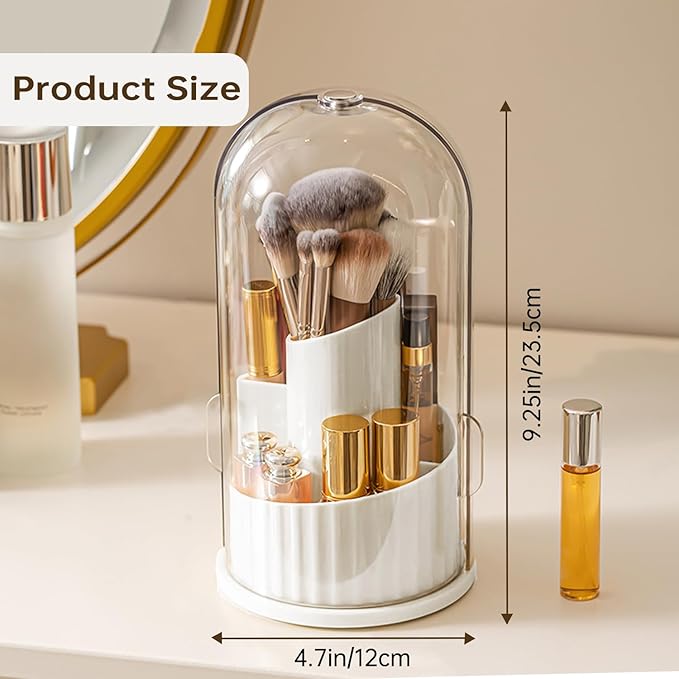 Makeup Brush Holder Organizer with Lid, 360 Rotating Dustproof Transparent Makeup Brushes Organizer for Vanity Dresser Bathroom Countertop(White with Clear Cover)